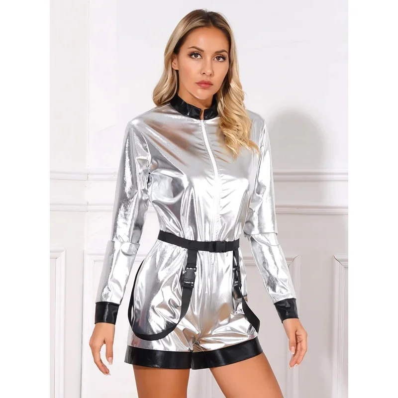 Womens Alien Costumes Halloween Astronaut Cosplay Uniforms Shiny Metallic Space Astronaut Jumpsuit Spaceman Pilots Outfits