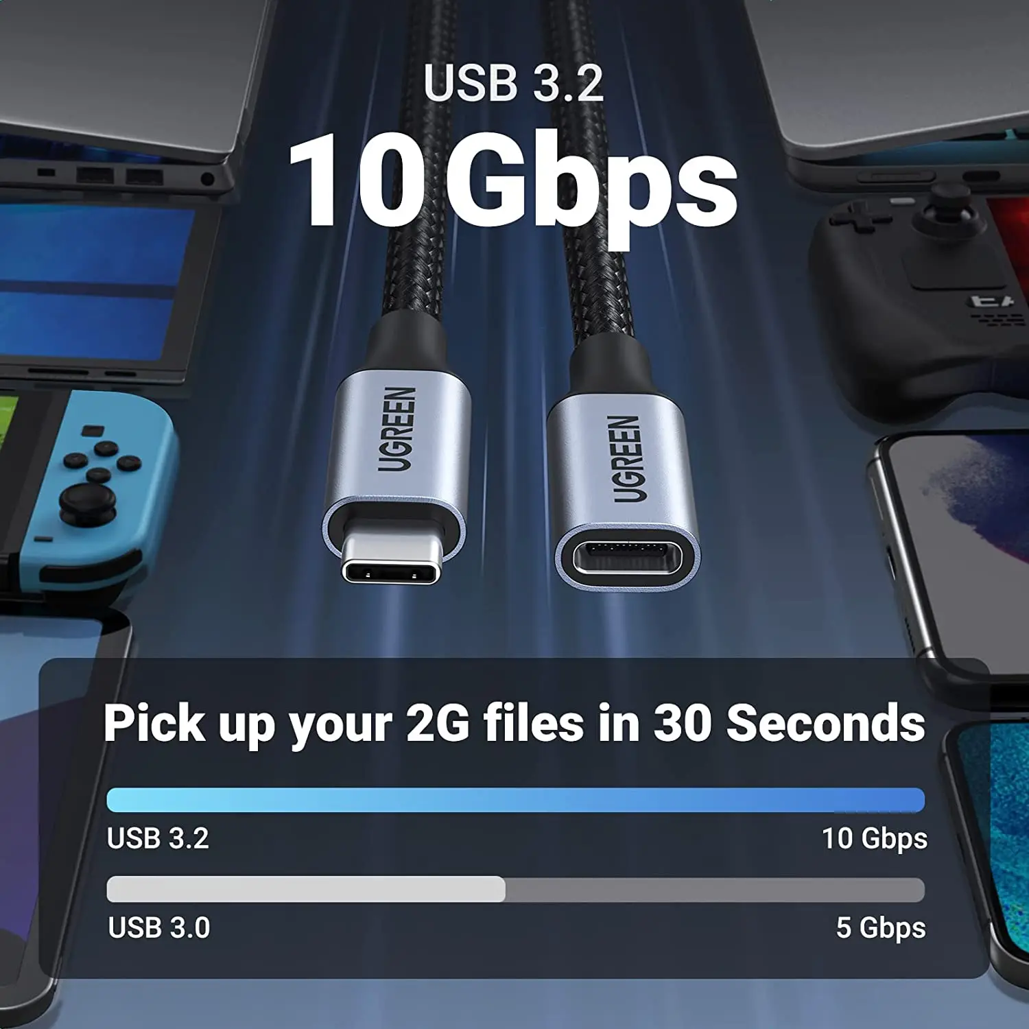 UGREEN USB C تمديد كابل 100 واط شحن 10 جيجابت في الثانية نقل كابل USB C 3.2 موسع النايلون مضفر