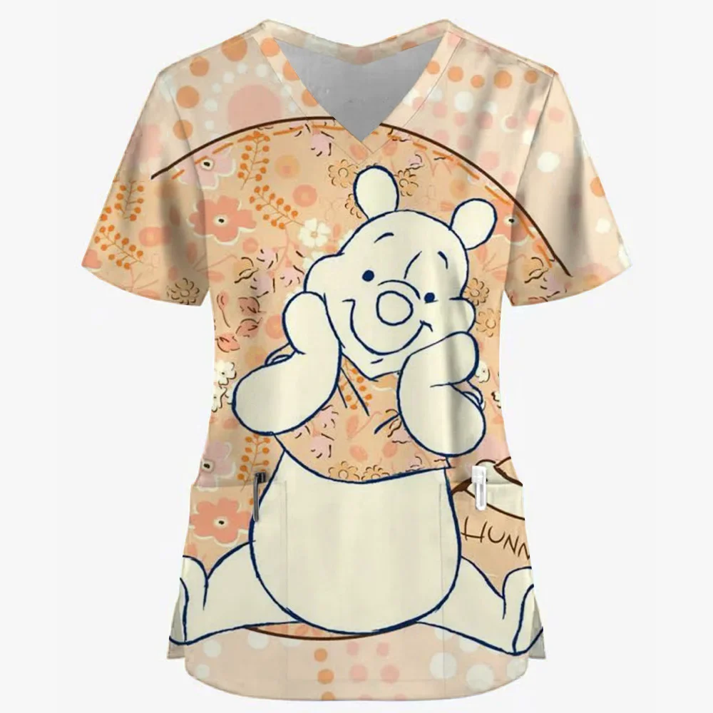 

Disney Princess Nurse Uniform T Shirt for Women V Neck Pocket Top Kawaii Street Wear Summer Short Sleeve Y2k Fashion