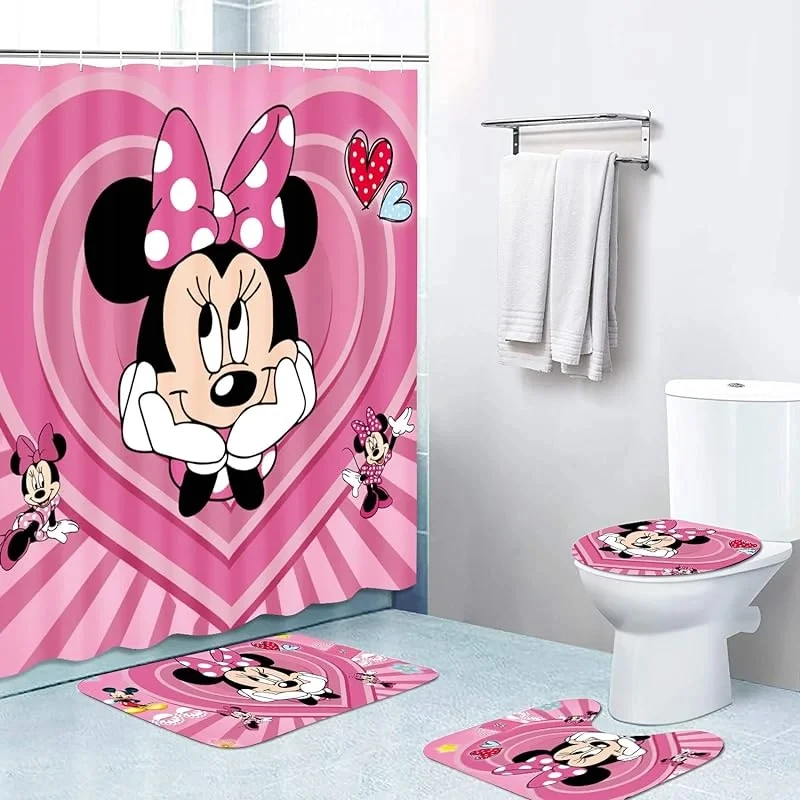 Mickey Minnie Mouse 4Pcs Cartoon Shower Curtain Set with Non-Slip Rug Toilet Lid Cover Mat Durable Waterproof with Hook Bathroom