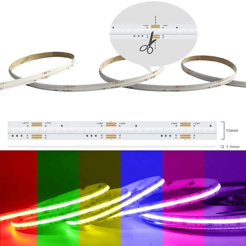 Imagem -03 - Cob Rgb Led Tira de Luz 5m 576 810 840 Leds mm 10 mm Flexível Fob Led Cob Luz Alta Densidade Ra90 Linear Regulável dc 12v 24v