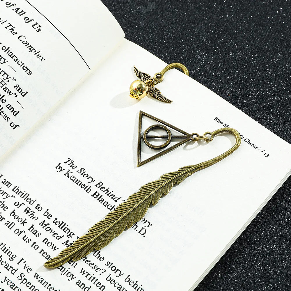 Retro Metal Bookmark Golden Feather Snitch Three-hallows Pendant Book Lovers Reading Magic Bookmarks Small Gifts Cute Stationery view 4