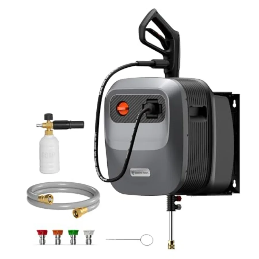 

Wall Mounted Pressure Washer for Outdoor Cleaning, Black Hose Dark Silver Housing, 2500 PSI 2.2 GPM with 65FT Retractable Hose
