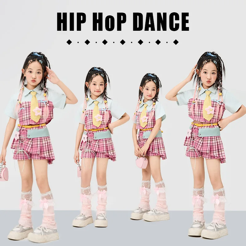 

Детская уличная одежда в стиле хип-хоп, клетчатая рубашка, топ, розовая клетчатая юбка, детский костюм для джазового танца, комплекты для групповых Kpop Street Dance