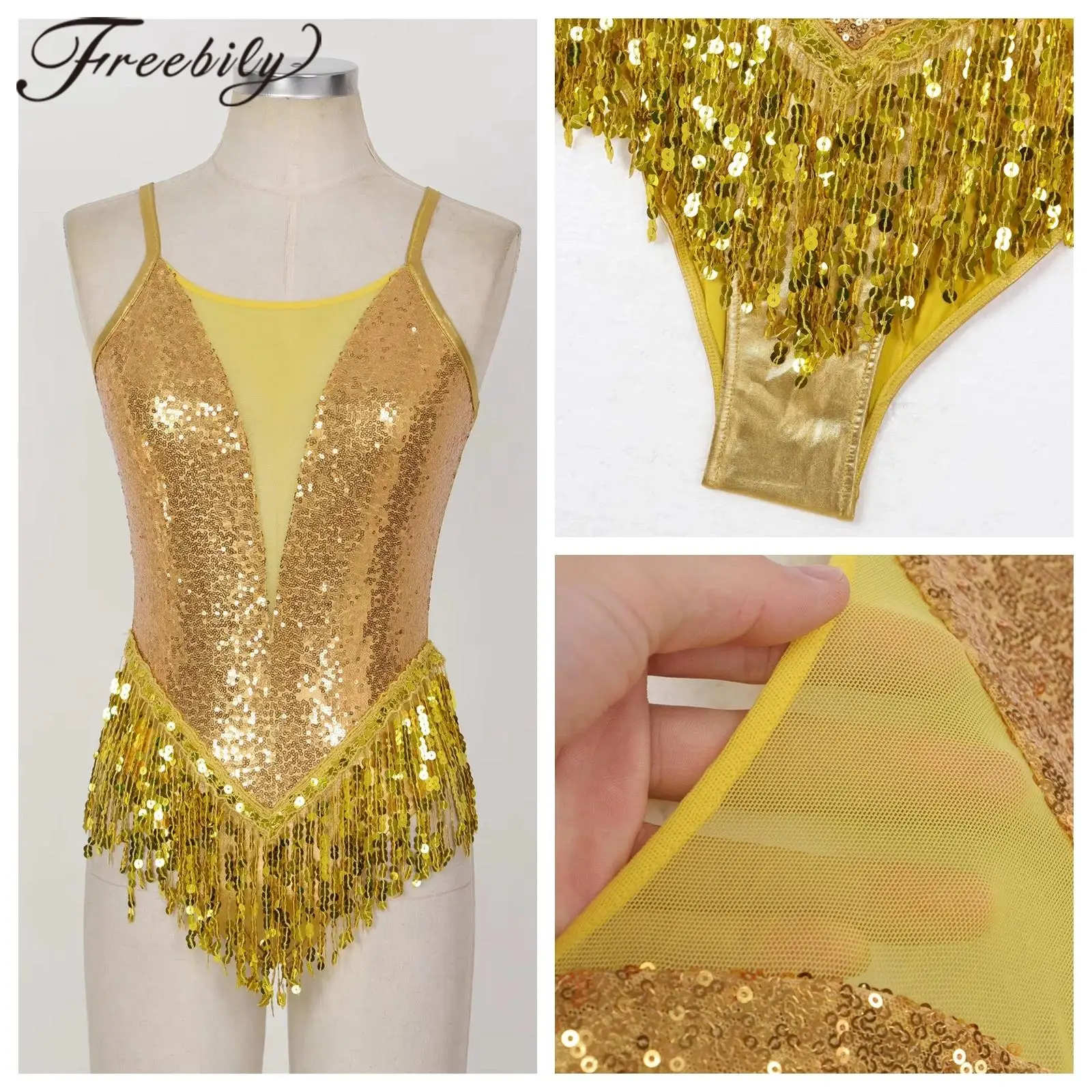 Sparkling SequinsJumpsuit Womens Cha-cha Latin Dance Costume Tassels Leotard Bodysuit Cocktail Rumba Tango Performance Costume