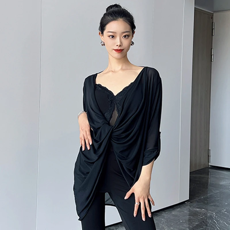 Latin Dance Clothes Loose Gray Black Tops Backless Practice Wear Women Rumba Modern Dance Shirts Salsa Dance Costume DNV20605