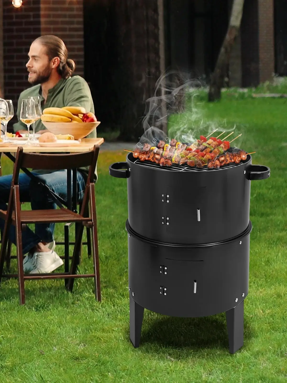 Barbecue à charbon de bois | Barbecue fumoir autoportant 3-en-1 de 40 cm avec thermomètre et registres d'air réglables | Barbecue fumoir