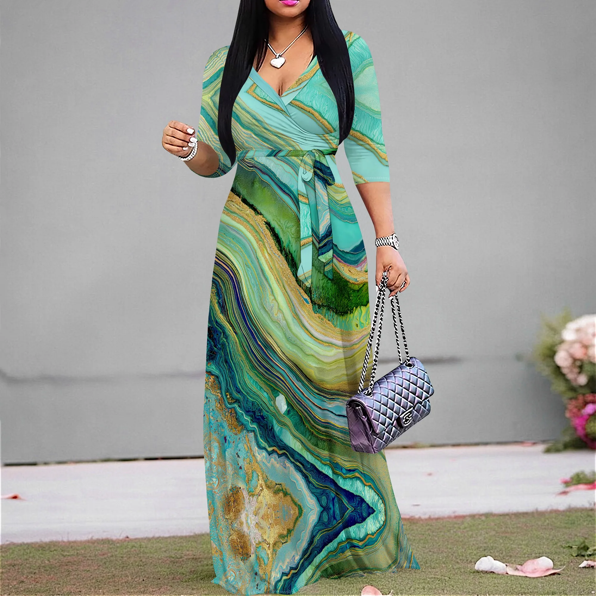 

Green Agate Swirl Print Wrap Maxi Dress S‑3XL V‑Neck 3/4 Sleeve Belted Style for Spring Brunch, Art Show or Cultural Event Look