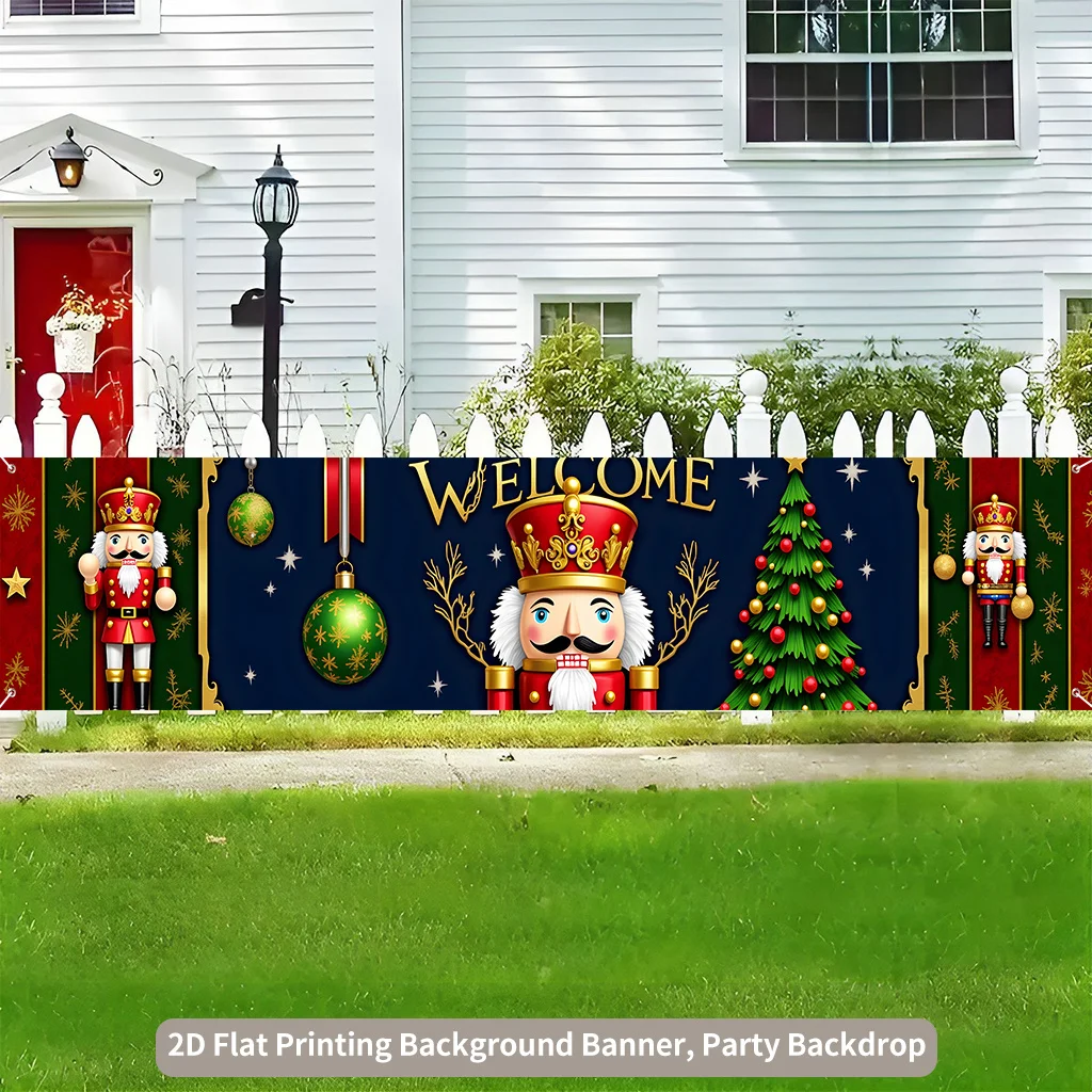 1pc 2D Flat Christmas Party Banner, Nutcracker Soldier & Christmas Tree Pattern, Indoor Outdoor Fence Lawn Photo Booth Decor