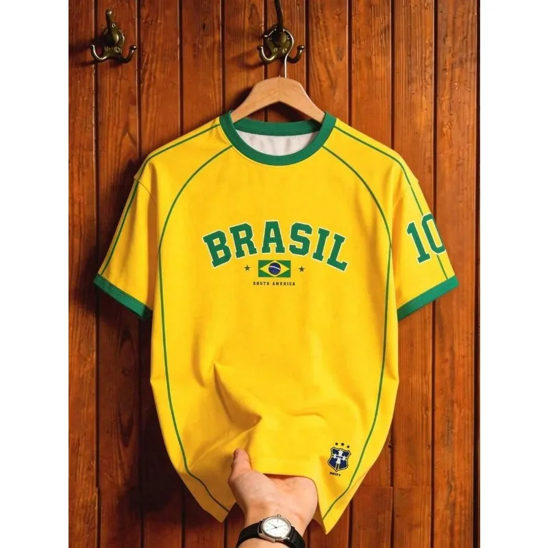 Camiseta de Futebol Infantil Brasil, Jersey Retro com Estampa Listrada, Respirável e de Secagem Rápida, Camiseta de Treinamento para Fãs, Top Esportivo Masculino e Feminino Novo