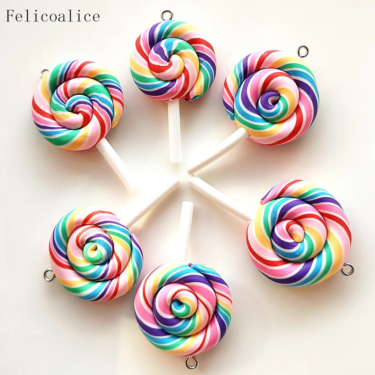 50pcs Spiral Rainbow Polymer Clay Cabochons Beauty Kawaii Lollipop Candy Charms Flatback Pendant For DIY Phone Decoration