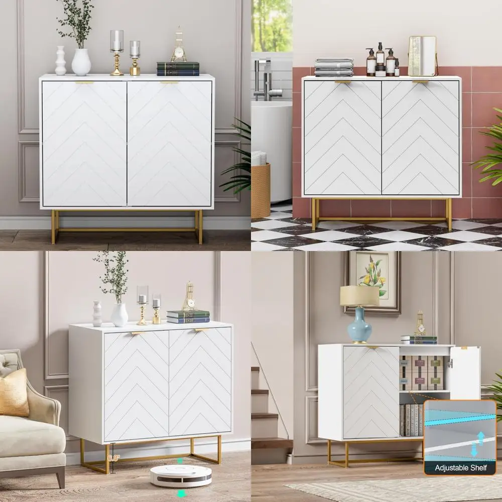 Golden Legged Buffet Cabinet with White Storage and Adjustable Shelves for Stylish Dining Room Organization