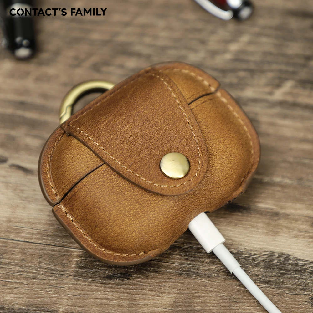 CONTACT\'S FAMILY Genuine Leather Cover For Airpods Pro 2 Case Generation 2nd Box Secure Lock Clip Hard Shell Case with Keychain