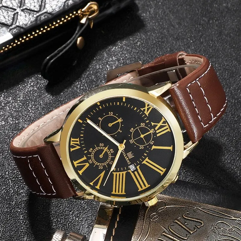 Mens Fashion Watches Round Calendar Big Dial Luxury Business Watches for Men Leather Strap Sports Watch Relogio Masculino