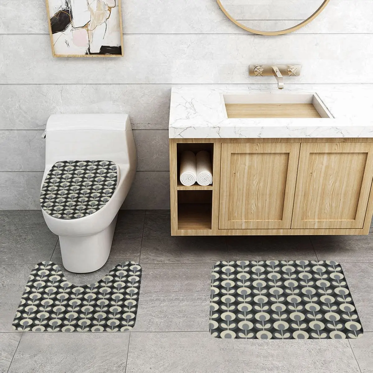 Custom Orla Kiely Floral Bathroom Rugs Sets Non Slip Absorbent Scandinavian Geometric 3 Pieces Bath Toilet Rugs Mats