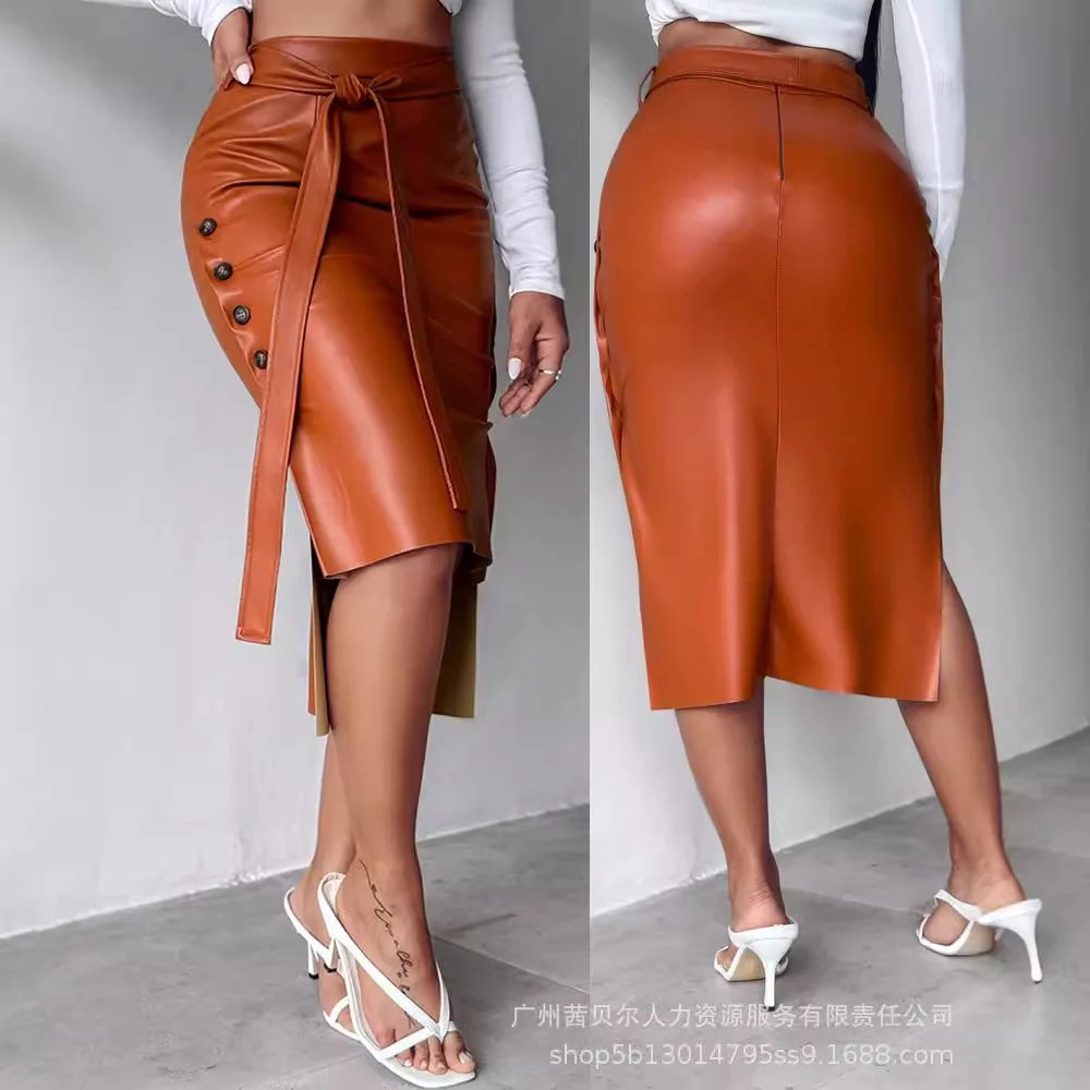 Women Sexy Wrap Hip Skirt High Waist Slim Fit Split Button Spliced Midi Skirts Sheath Streetwear Elegant Lady Solid Casual