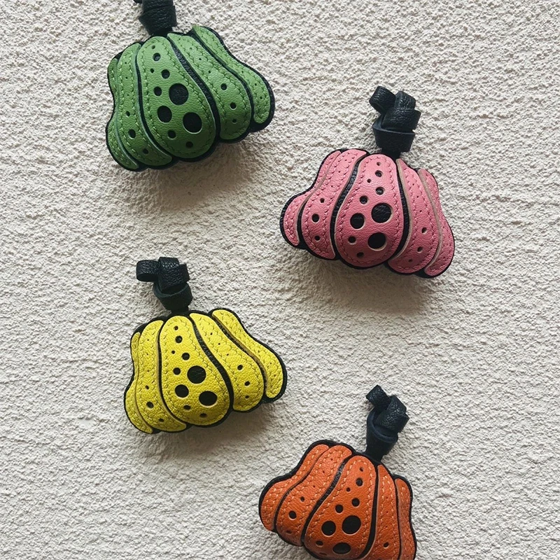 Spotted Pumpkin Genuine Leather Bag Charm Keyring Pendant Phone Case Hanging Ornament,School Bag Keychain Decor Accessories