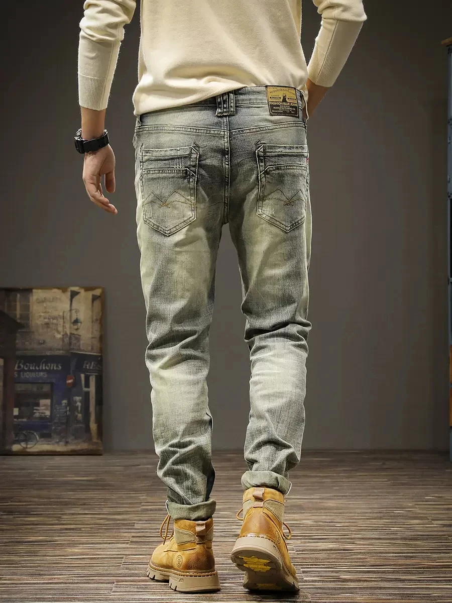 Italian Designer Fashion Men Jeans Retro Stretch Slim Fit Ripped Jeans Men Vintage Trousers Winter Thick Warm Denim Pants Hombre