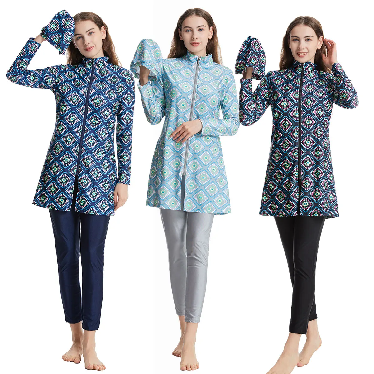 S-3XL Traditional Modest Muslim Swimsuit Burkini Women Ladies Lozenge Printing Islamic Swimwear With Hijab Quick Dry