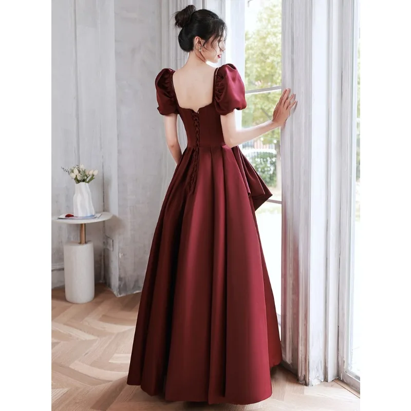2025 New Women's Wine Red One Shoulder Butterfly Knot Decorative Dress Fashionable Slimming Back Strap Long Elegant Dress
