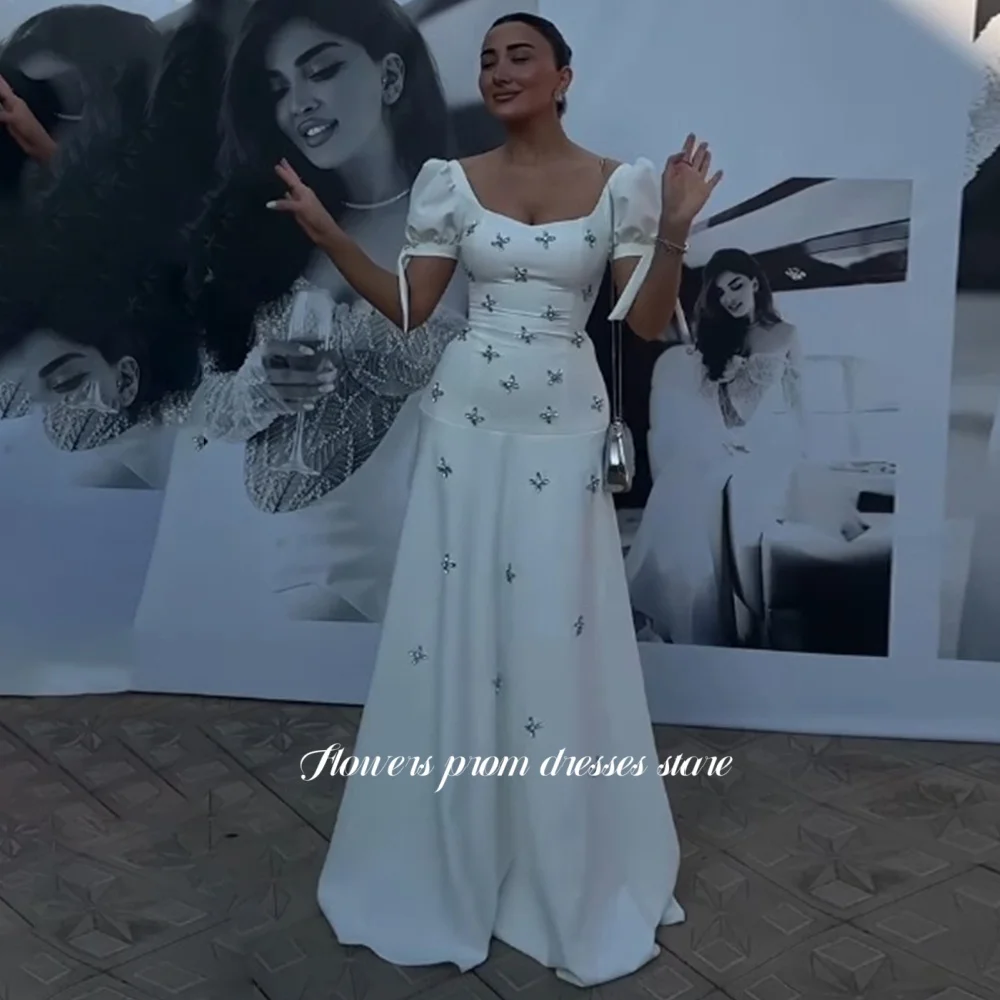 

Flowers Short Sleeve Party Dress Beaded Evening Dress Crystal Stones Crepe Vestido De Novia فستان سهرة Arabic Women Customized