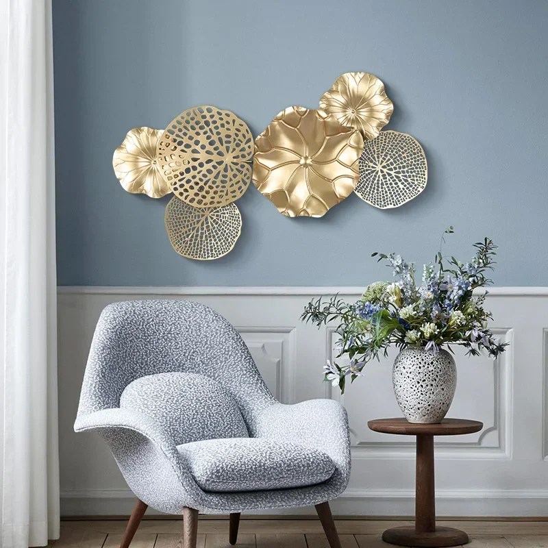 Nordic Wrought Iron Gold Lotus Leaf Wall Hanging Crafts Home Livingroom Wall Sticker Decoration Porch Corridor Wall Mural Art