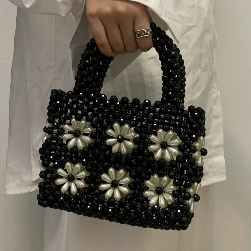 Chrysanthemum Bead Designer Bags Summer New Flower Handmade Woven Tote Bag Sweet Pearl Acrylic Handbags for Women