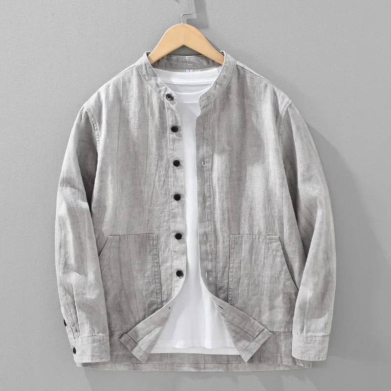 

Japanese Retro Casual Linen Top Men's Autumn Loose Stand Collar Fashionable Gradient Color Small Coat Top