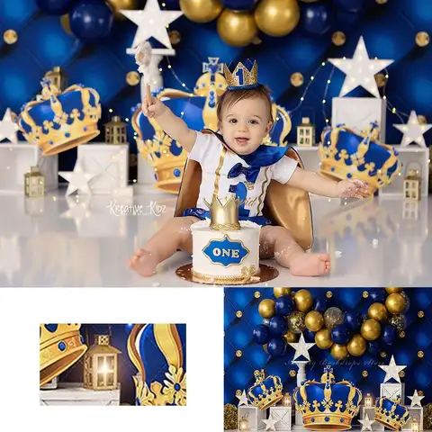 Royal King Golden Crown Backdrop Kids Boys Cake Smash Photography Props Blue Balloons Garland Child Adult Studio Backgrounds