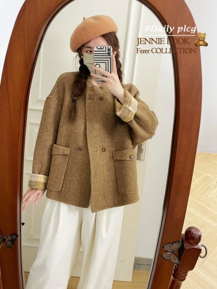 

Women's Autumn Winter O Neck Double Breasted Wool Jacket Lady Streetwear Pockets Long Sleeve Loose Wool Outwear Top