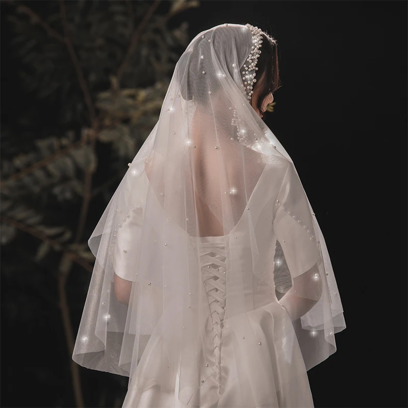 Gorgeous Beaded Bridal Veil for Bride Two-Layer Elbow Length Veil Customized