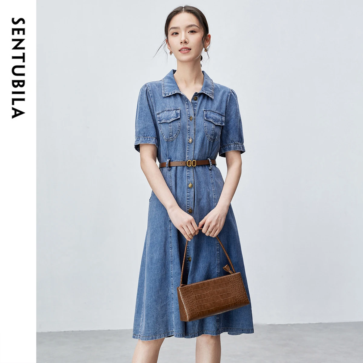 

SENTUBILA Summer Denim Dress for Women 2025 Vintage Single Breasted Button-up Short Sleeve Jean Dresses Woman Clothing W42L55389