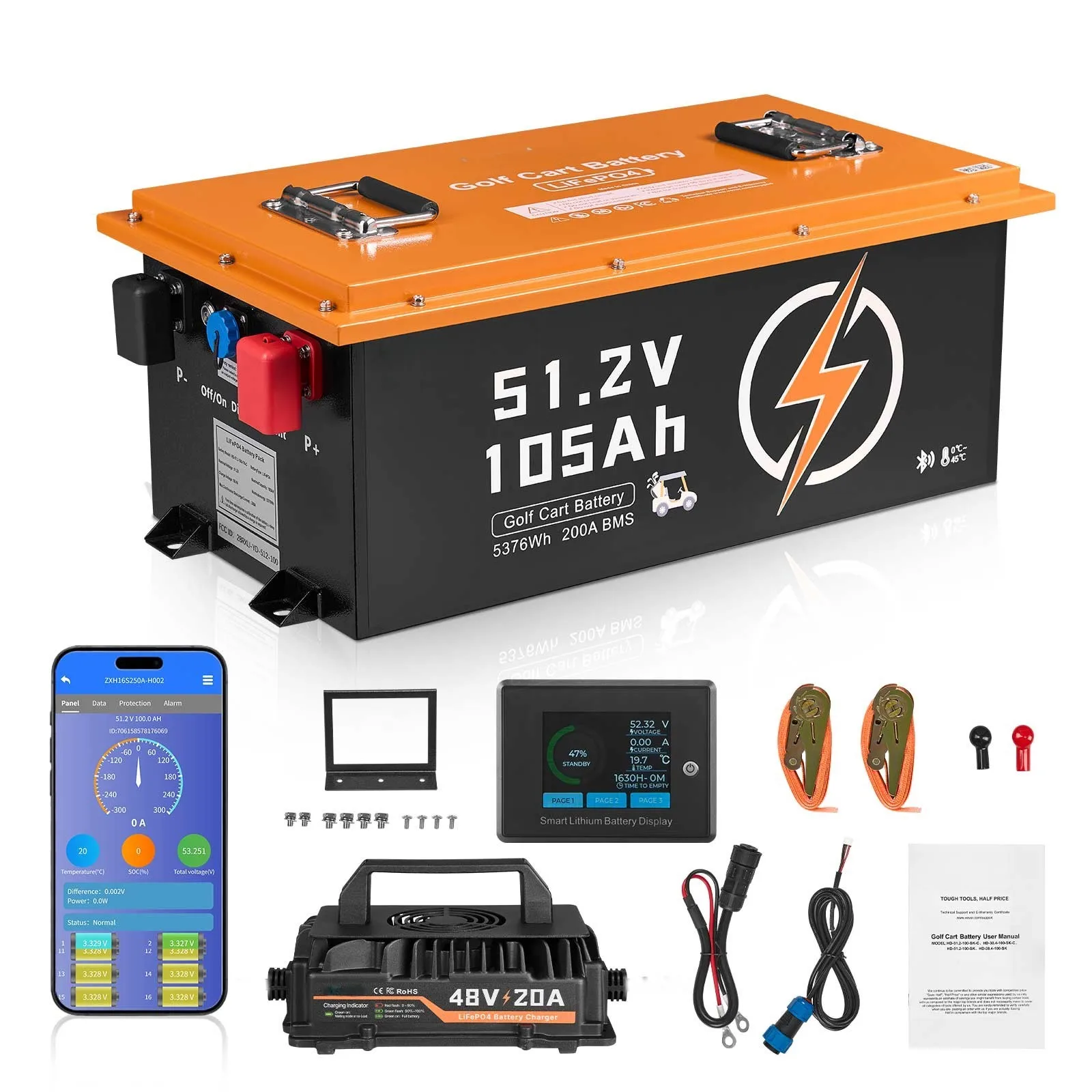 

SucceBuy Golf Cart Lithium Battery 105Ah 36V / 48V with 200A BMS Monitor Mobile APP LiFePO4 Battery 600A Peak for Golf Carts Use