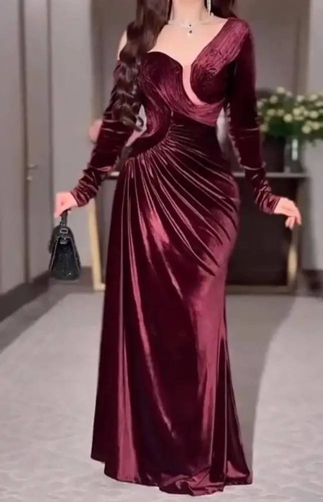 

Customized Burgundy Velvet Evening Dresses One-Shoulder Ruched Evening Dresses Waist Mermaid Maxi Dress For Gala Wedding Guest