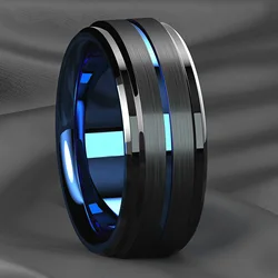 Fashion 8mm Black Stainless Steel Rings For Men Thin Black Line Groove Black Brushed Ladder Edge Men Rings Wedding Band Jewelry