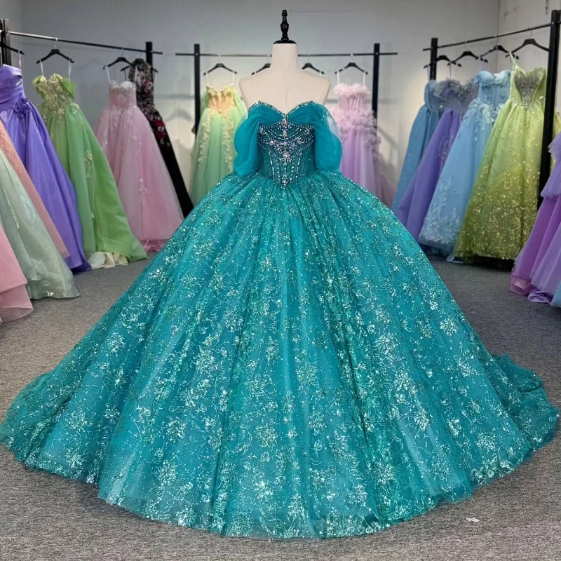 

Mint Green Glittering Quinceanera Dresses Sequin Appliques Lace Beads Off The Shoulder Vestidos De 15 Anos Birthday Party Prince