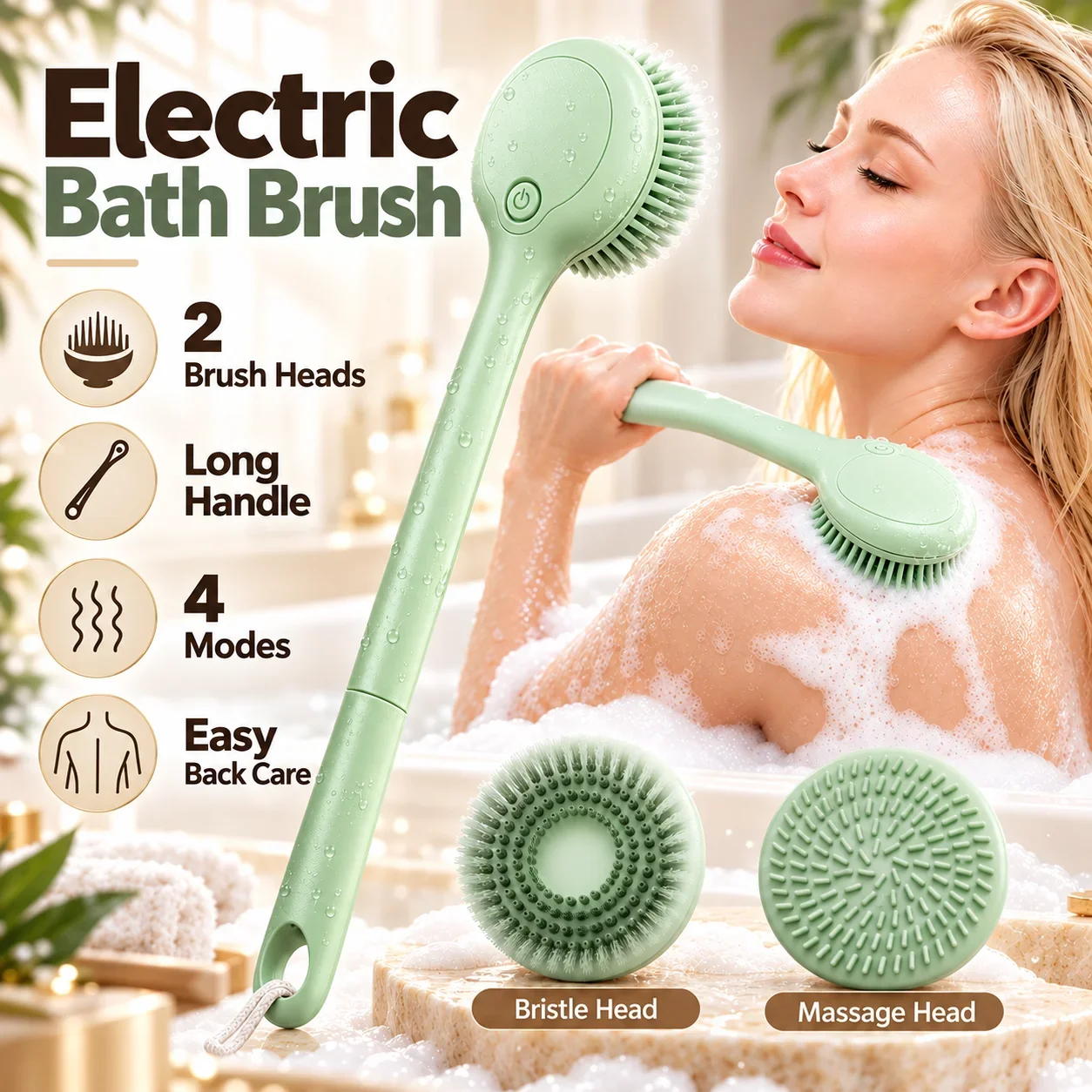 Rotating Electric Body Brush with 2 Heads Back Scrubber for Shower Waterproof Long Handle Body Scrubber Bath Brush for Clean
