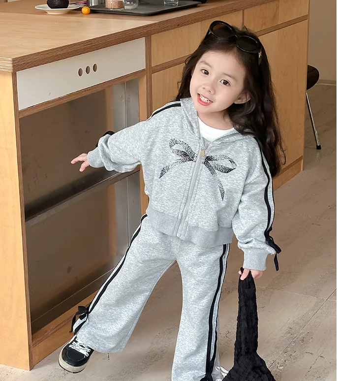 

New Baby Girls Fall Cotton Casual Sets Hooded Coat + Pants Princess Sports Grey Suits 2-8T