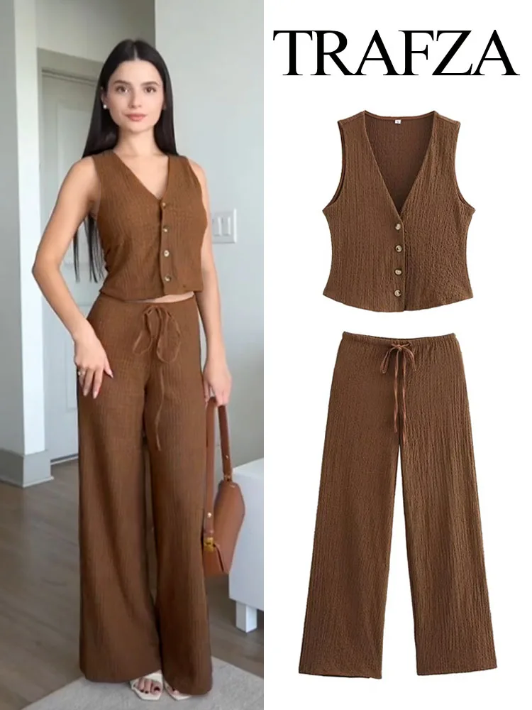 TRAFZA Women Pants Suit V-Neck Single Breasted Solid Texture Casual Vest Top+Elegant High-Waisted Drawstring Wide Leg Pants