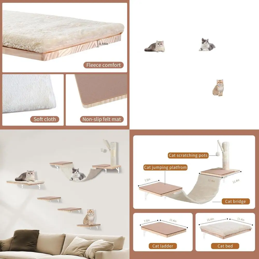 

Настенный набор для скалолазания бежевого кота с гамаком, полками, досками для прыжков, диваном, ступеньками, когтеточкой, подвесным мячом и фетровыми подушечками