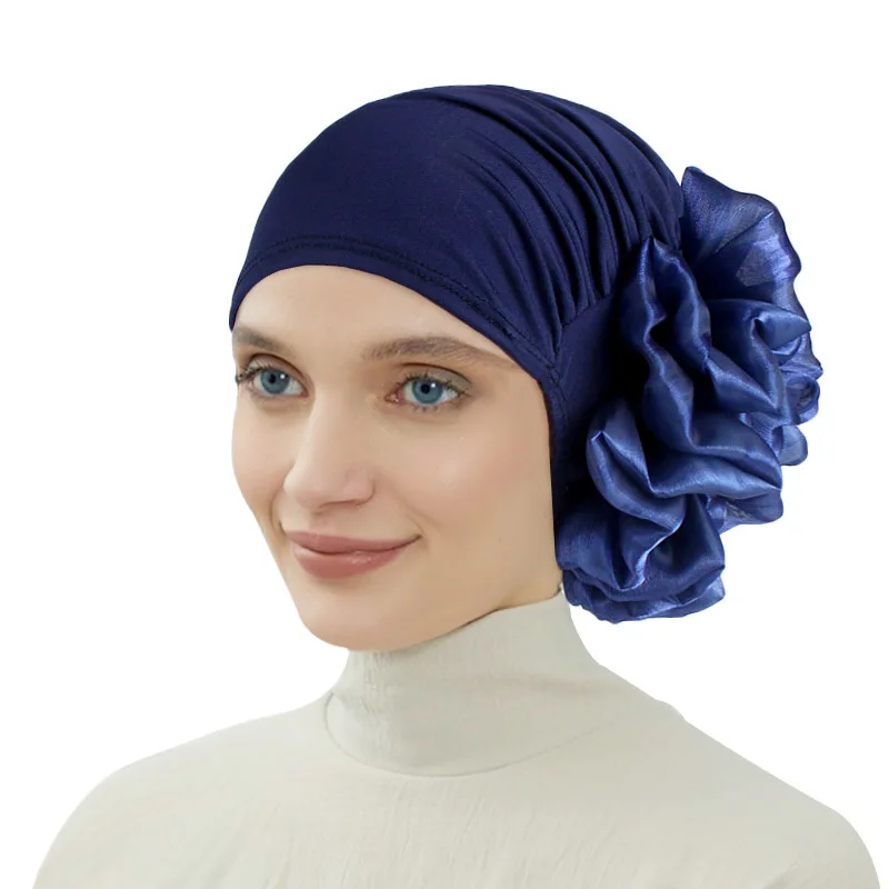 Woman Big Flower Turban Hair Accessories Elastic Cloth Hair Bands Hat Chemo Beanie Ladies Muslim Solid Hair Loss Scarf Cap