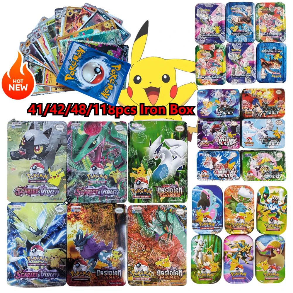 Pokemon 41/42/48/118 Uds. Caja de Metal de hierro en caja, juguete de batalla, caja de Pokemons de origen perdido con juego de Pikachu, tarjetas bancarias de Anime para niños