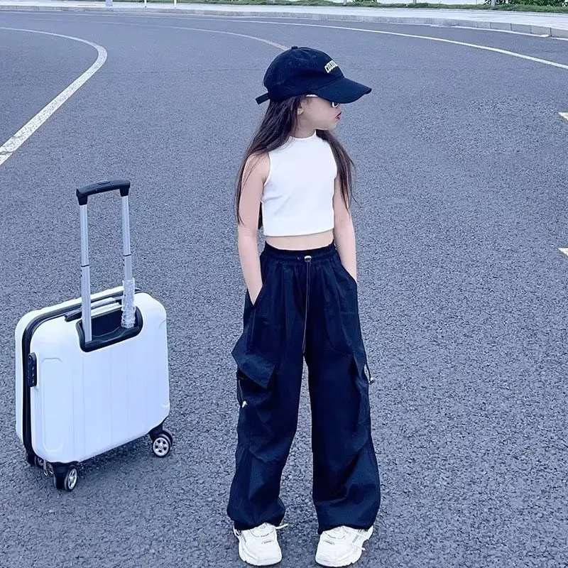 Girls Casual Cargo Pants Kids Solid Colour Sweatpants Children Vintage Streetwear Hip Hop Pants New Elastic Waist Baggy Trousers