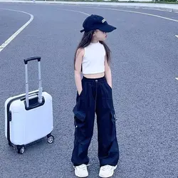 Girls Fashion Cargo Pants Kids Streetwear Hip Hop Pants Solid Color Sweatpants Children New Elastic Waist Baggy Trousers 5-14Y