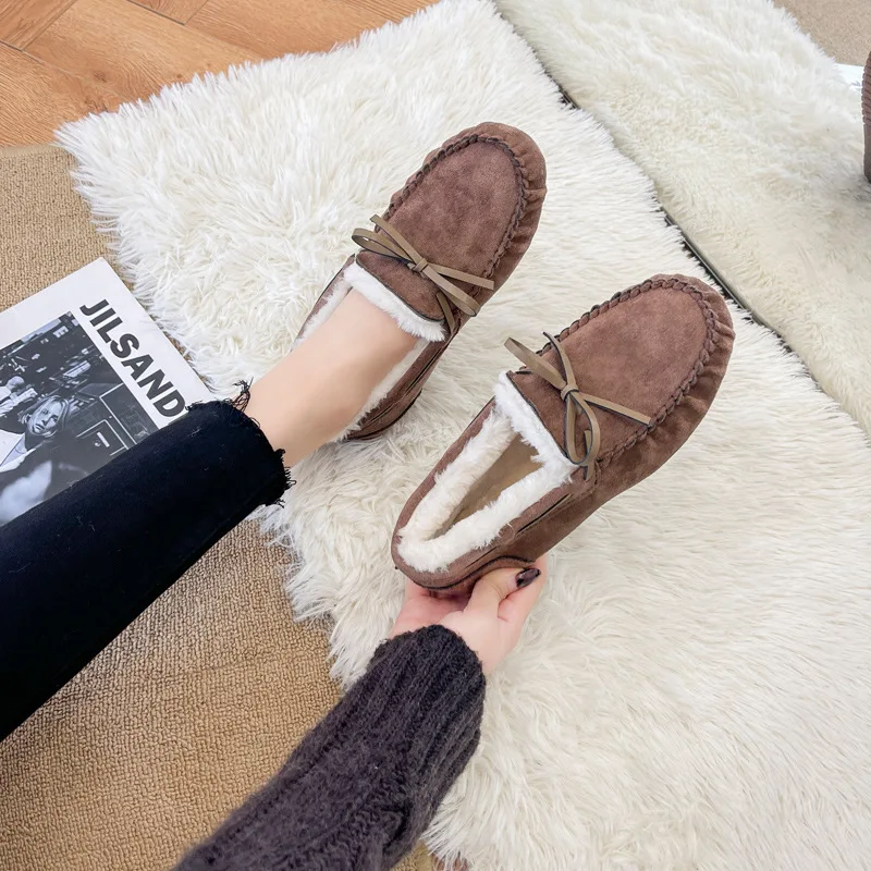 Winter Flat Shoes Women Thick Warm Loafers Slip On Soft Soles Women Flats Bow-knot Home Casual Boots zapatos mujer WSH4236