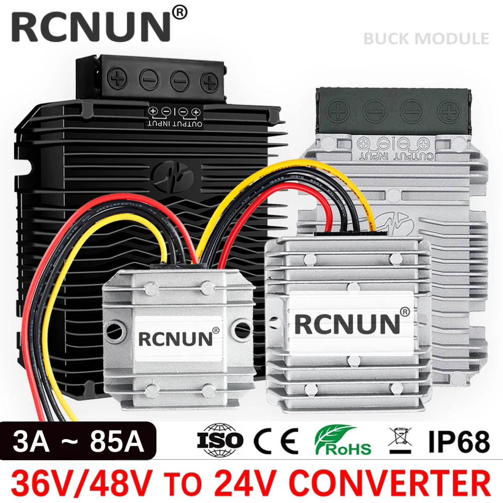 RCNUN Buck 36V 48V to 24V 3A 5A 10A 15A 20A 30A 40A 60A 85A DC DC Converter Step Down Voltage Regulator Transformer 2KW for Car