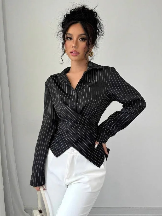 Femmes coupe ajustée longue Sve irt avec cravate à bandes décontracté Sle Faionable Ele dames Premium Quali vêtement chinois