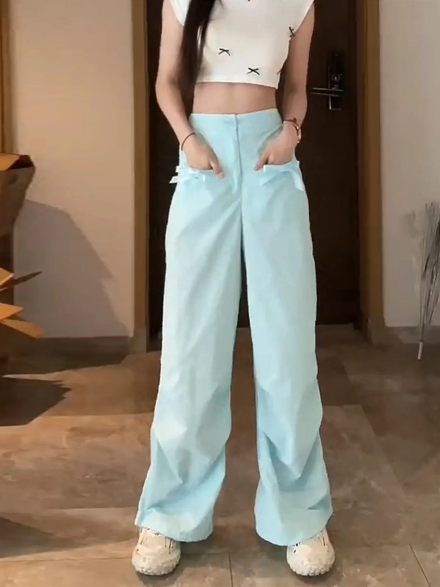 

Американские рабочие брюки с парашютом, женские летние тонкие свободные повседневные спортивные брюки с маленьким узлом и широкими штанинами