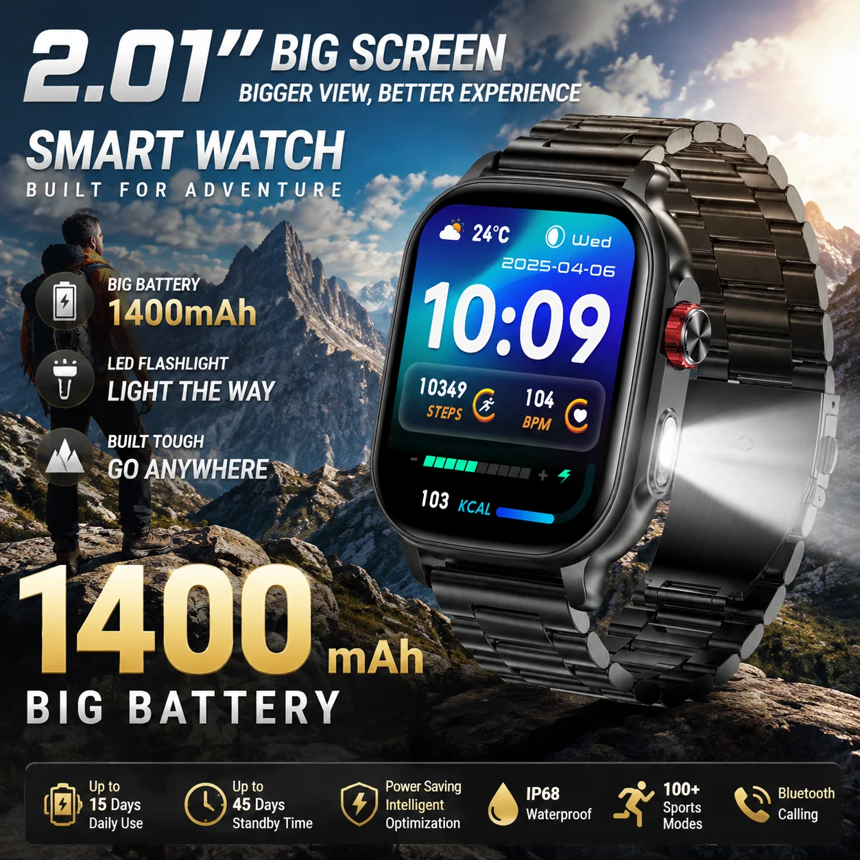 LIGE 2026 Militray 1400mAh Large Battery Smart Watch LED Flashlight Health Monitoring 100+Sports Waterproof Men Women Smartwatch