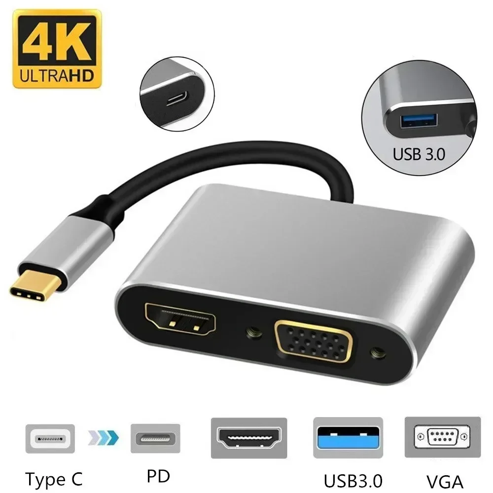 

ZLRLMHY MacBook 4-in-1 C-type Hub Thunderbolt To 4K 1080P Fast Charging Port HDMI VGA USB 3.0 Digital AV Multi Port Adapter